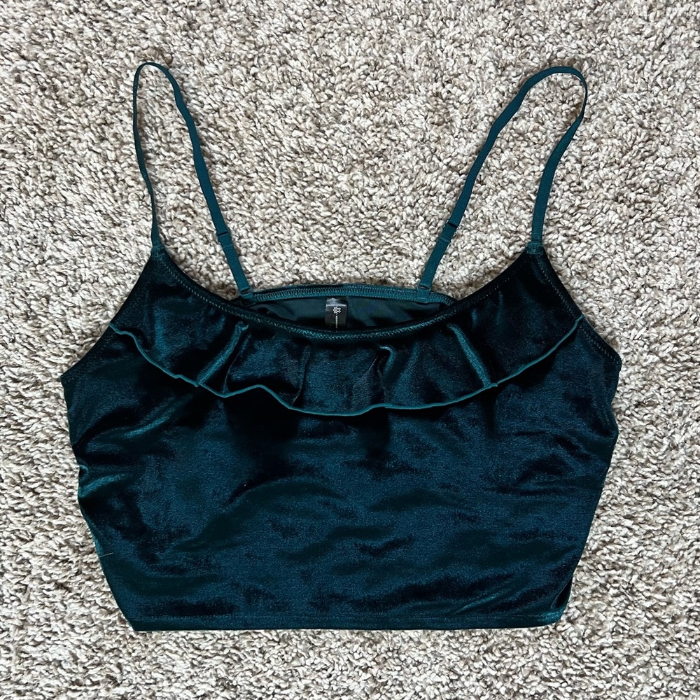 Mentionables Teal Velvet Ruffle Crop Top